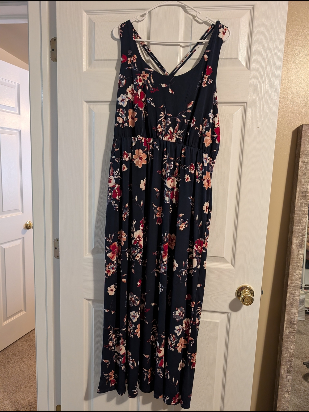 Maurices Navy Floral Sleeveless Maxi Dress with Red & Cream Blooms